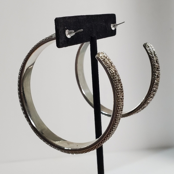 Silvertone large mesh and rhinestones inlay hoop bangle earrings 2" - Picture 8 of 10